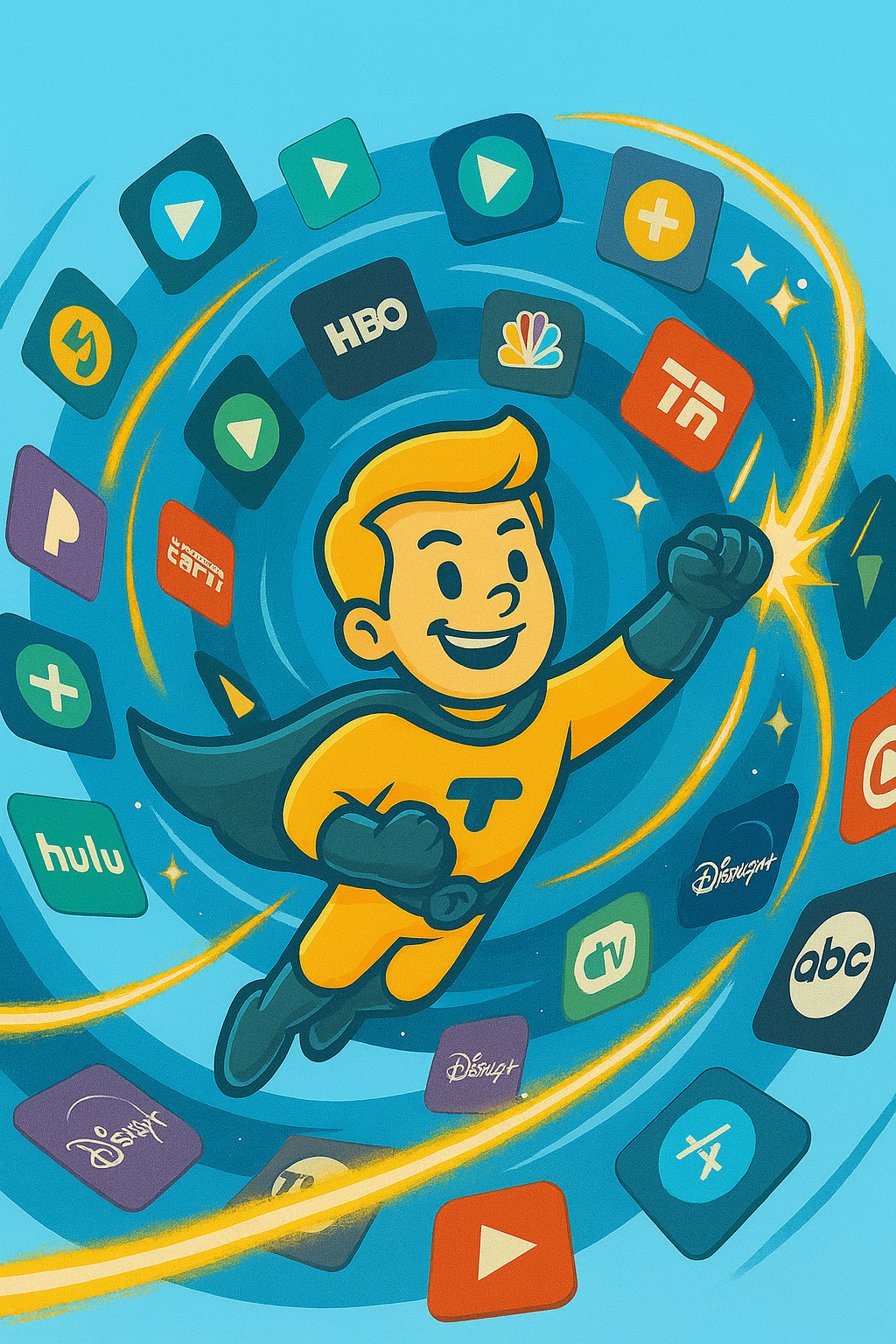 Superhero flying through a vortex of streaming channel icons